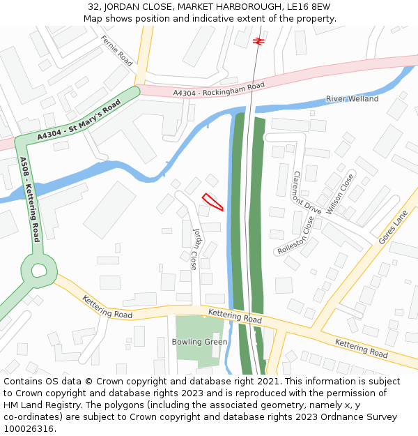 32, JORDAN CLOSE, MARKET HARBOROUGH, LE16 8EW: Location map and indicative extent of plot