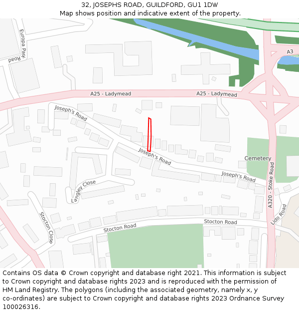 32, JOSEPHS ROAD, GUILDFORD, GU1 1DW: Location map and indicative extent of plot