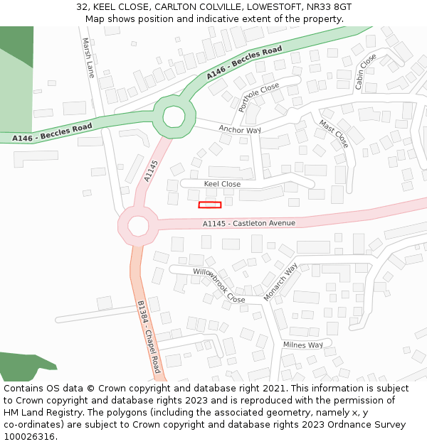 32, KEEL CLOSE, CARLTON COLVILLE, LOWESTOFT, NR33 8GT: Location map and indicative extent of plot