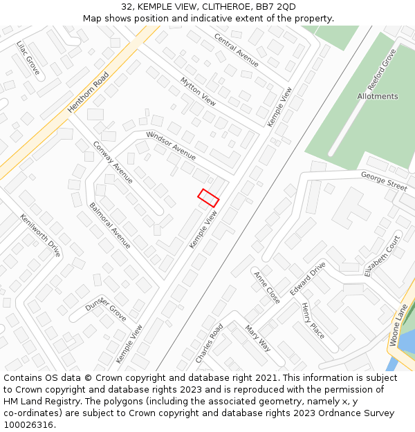 32, KEMPLE VIEW, CLITHEROE, BB7 2QD: Location map and indicative extent of plot