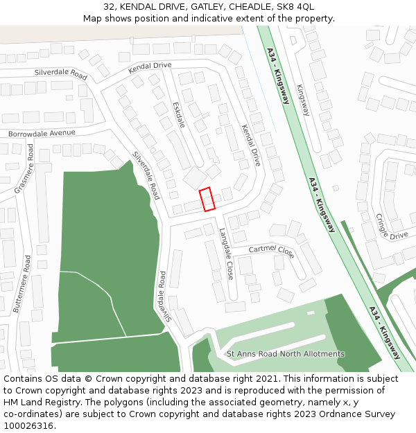 32, KENDAL DRIVE, GATLEY, CHEADLE, SK8 4QL: Location map and indicative extent of plot