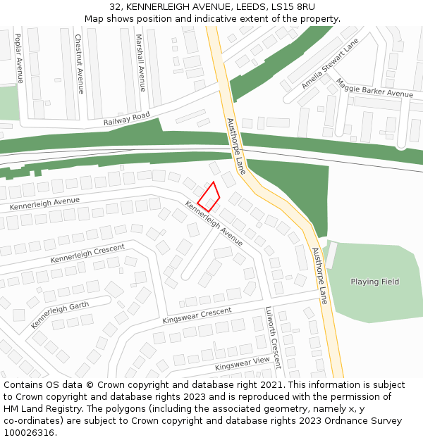 32, KENNERLEIGH AVENUE, LEEDS, LS15 8RU: Location map and indicative extent of plot