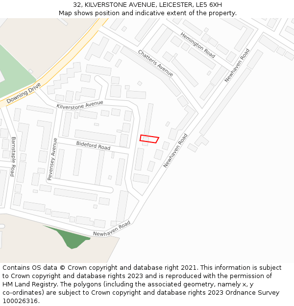 32, KILVERSTONE AVENUE, LEICESTER, LE5 6XH: Location map and indicative extent of plot