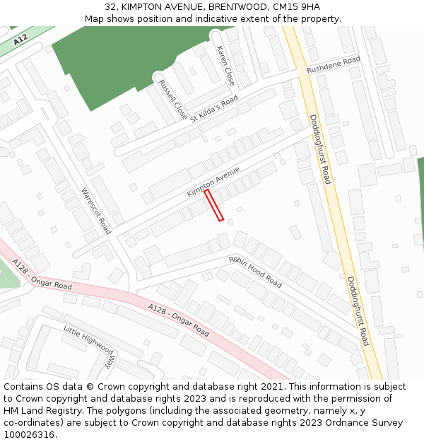 32, KIMPTON AVENUE, BRENTWOOD, CM15 9HA: Location map and indicative extent of plot