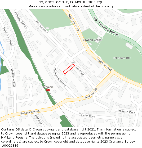 32, KINGS AVENUE, FALMOUTH, TR11 2QH: Location map and indicative extent of plot