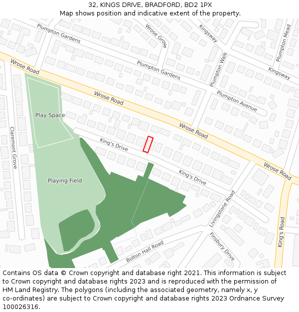 32, KINGS DRIVE, BRADFORD, BD2 1PX: Location map and indicative extent of plot