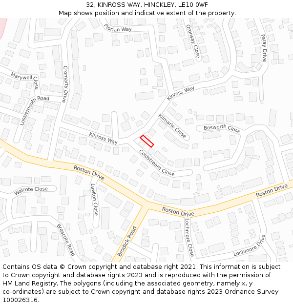 32, KINROSS WAY, HINCKLEY, LE10 0WF: Location map and indicative extent of plot