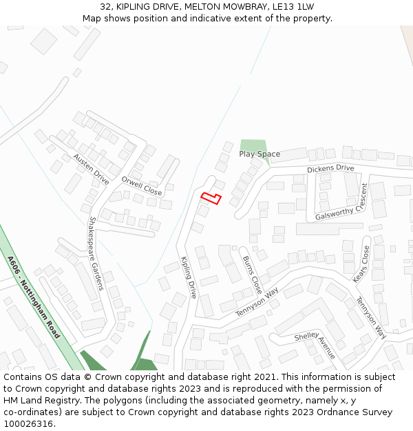 32, KIPLING DRIVE, MELTON MOWBRAY, LE13 1LW: Location map and indicative extent of plot