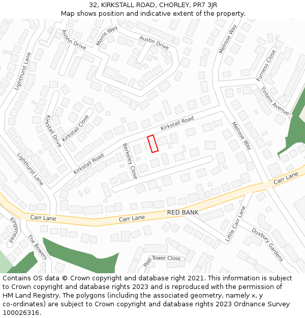 32, KIRKSTALL ROAD, CHORLEY, PR7 3JR: Location map and indicative extent of plot