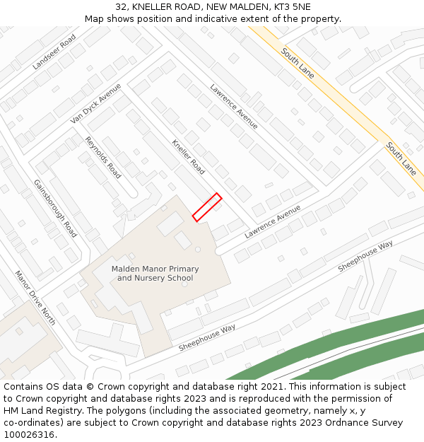 32, KNELLER ROAD, NEW MALDEN, KT3 5NE: Location map and indicative extent of plot