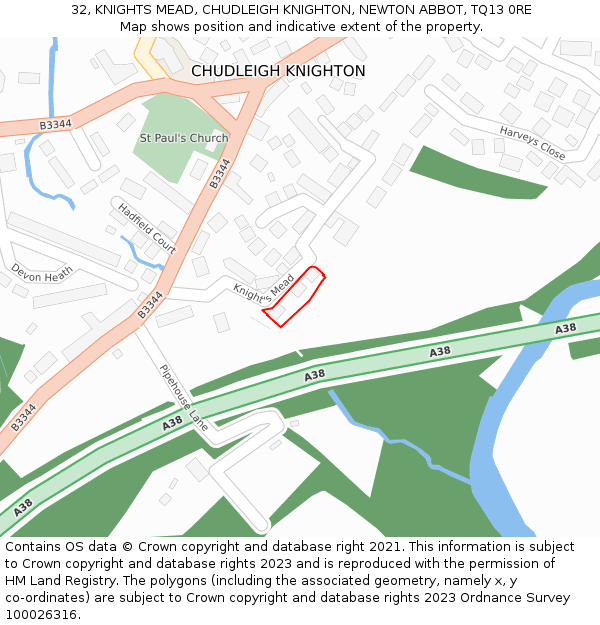 32, KNIGHTS MEAD, CHUDLEIGH KNIGHTON, NEWTON ABBOT, TQ13 0RE: Location map and indicative extent of plot
