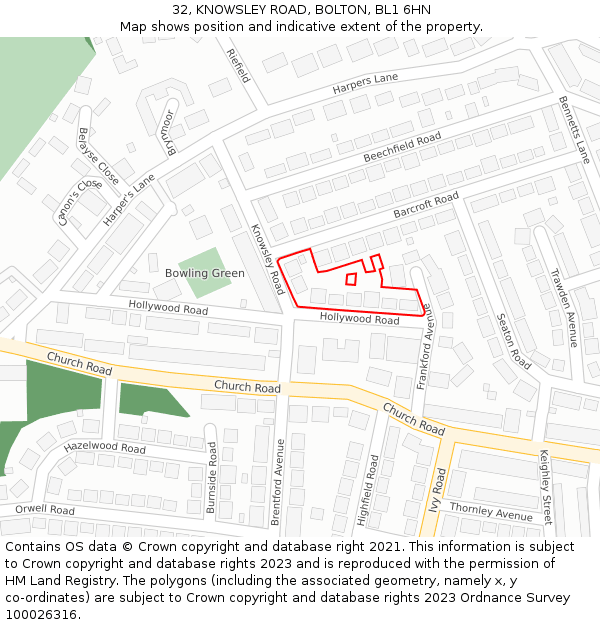 32, KNOWSLEY ROAD, BOLTON, BL1 6HN: Location map and indicative extent of plot