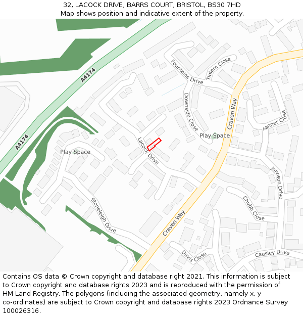 32, LACOCK DRIVE, BARRS COURT, BRISTOL, BS30 7HD: Location map and indicative extent of plot