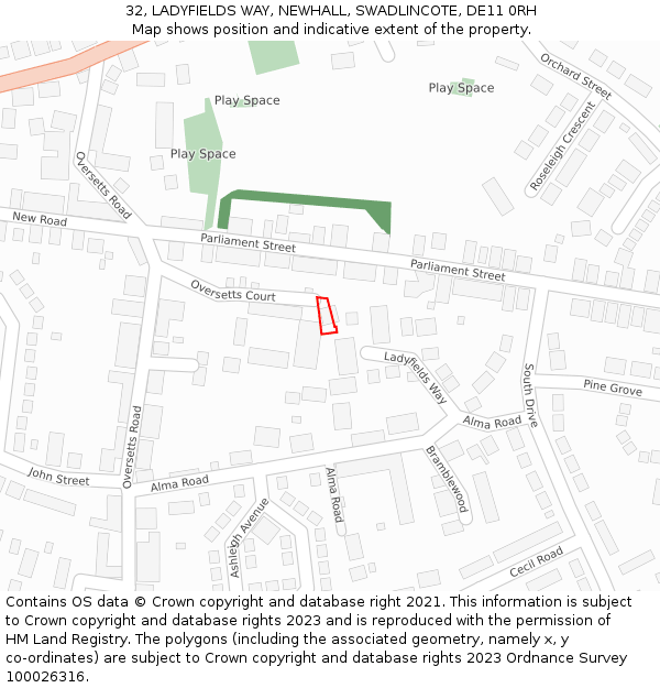 32, LADYFIELDS WAY, NEWHALL, SWADLINCOTE, DE11 0RH: Location map and indicative extent of plot