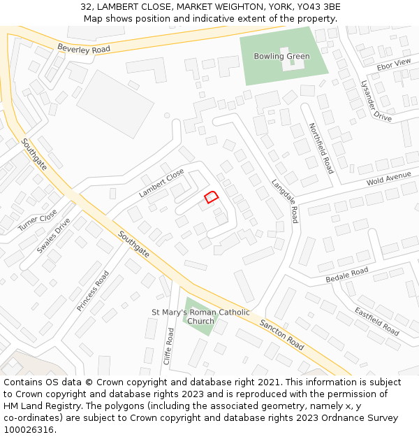 32, LAMBERT CLOSE, MARKET WEIGHTON, YORK, YO43 3BE: Location map and indicative extent of plot