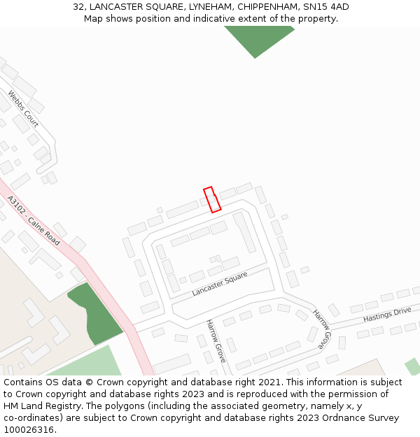 32, LANCASTER SQUARE, LYNEHAM, CHIPPENHAM, SN15 4AD: Location map and indicative extent of plot