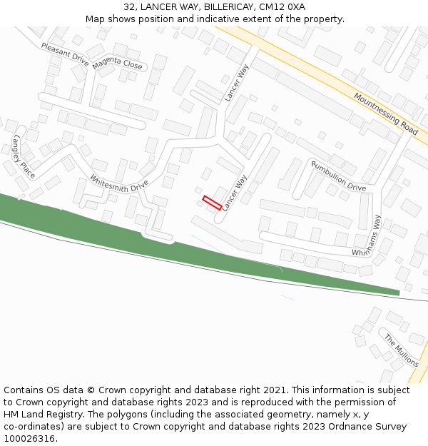 32, LANCER WAY, BILLERICAY, CM12 0XA: Location map and indicative extent of plot