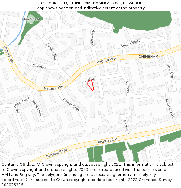 32, LARKFIELD, CHINEHAM, BASINGSTOKE, RG24 8UE: Location map and indicative extent of plot