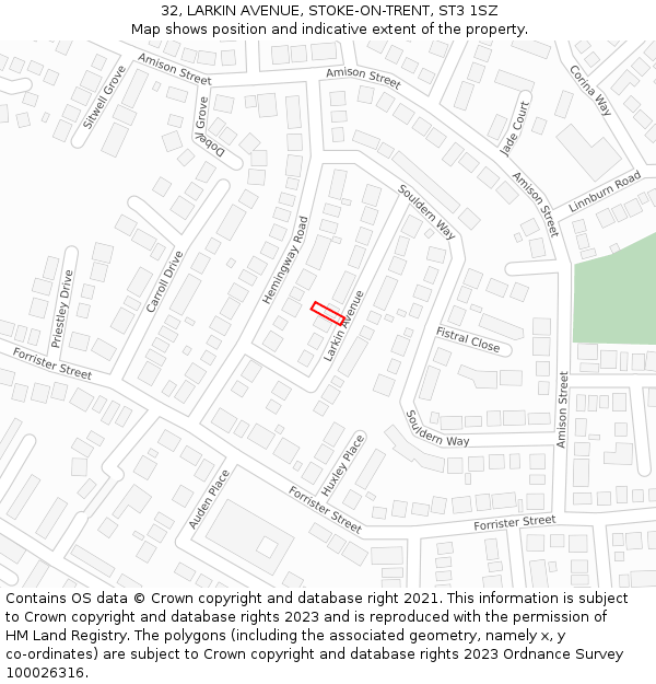 32, LARKIN AVENUE, STOKE-ON-TRENT, ST3 1SZ: Location map and indicative extent of plot