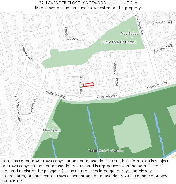 32, LAVENDER CLOSE, KINGSWOOD, HULL, HU7 3LA: Location map and indicative extent of plot