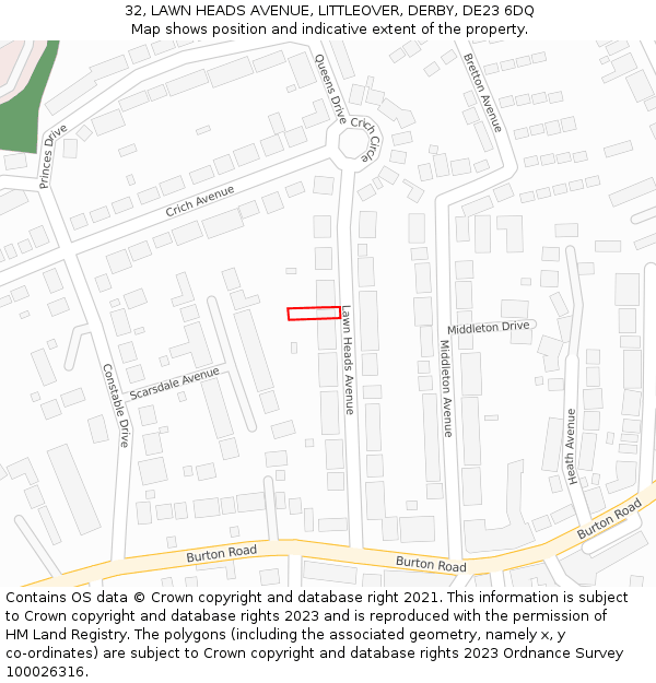 32, LAWN HEADS AVENUE, LITTLEOVER, DERBY, DE23 6DQ: Location map and indicative extent of plot