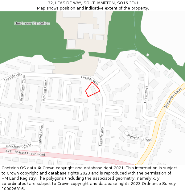 32, LEASIDE WAY, SOUTHAMPTON, SO16 3DU: Location map and indicative extent of plot
