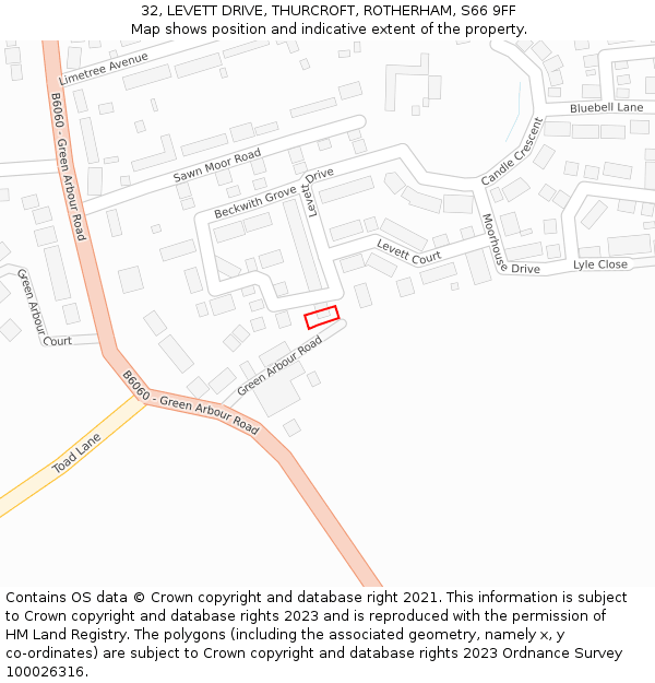 32, LEVETT DRIVE, THURCROFT, ROTHERHAM, S66 9FF: Location map and indicative extent of plot