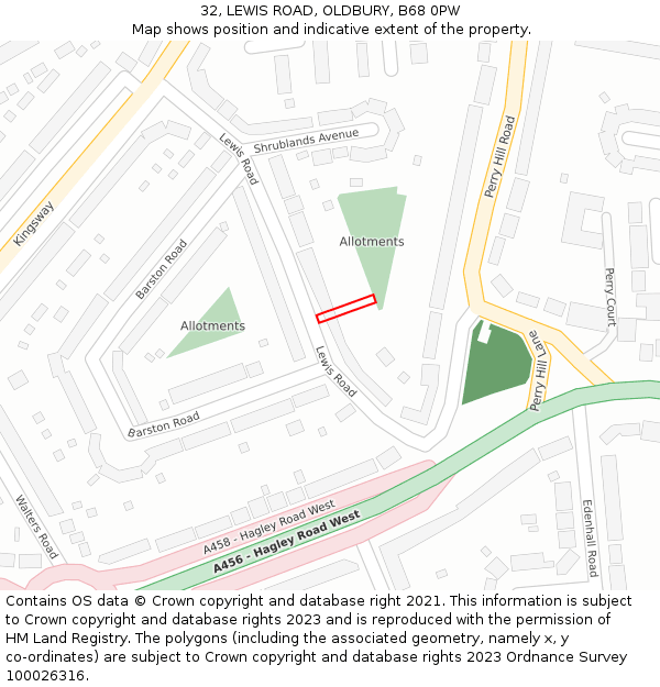 32, LEWIS ROAD, OLDBURY, B68 0PW: Location map and indicative extent of plot