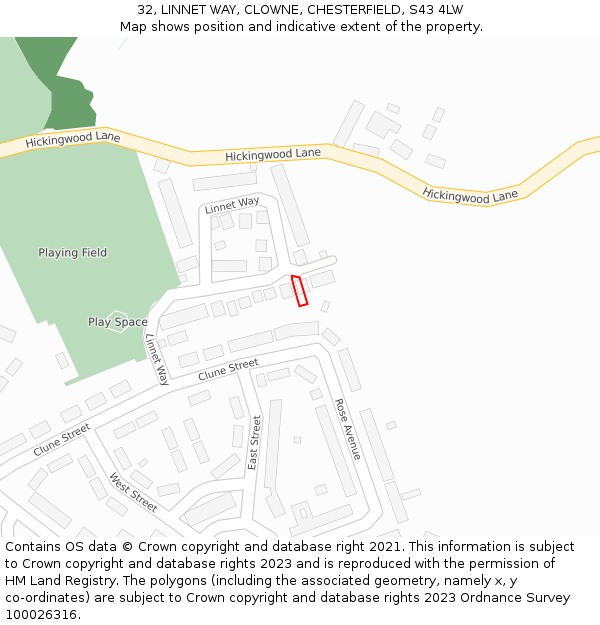 32, LINNET WAY, CLOWNE, CHESTERFIELD, S43 4LW: Location map and indicative extent of plot