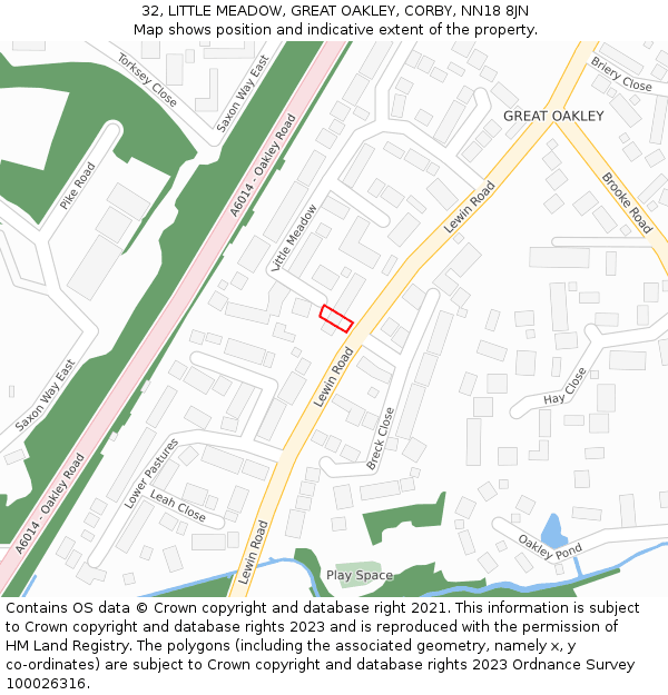 32, LITTLE MEADOW, GREAT OAKLEY, CORBY, NN18 8JN: Location map and indicative extent of plot