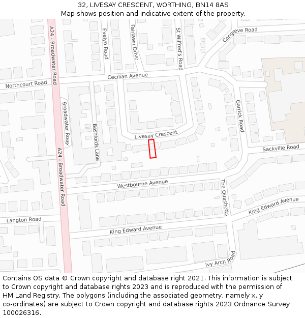 32, LIVESAY CRESCENT, WORTHING, BN14 8AS: Location map and indicative extent of plot