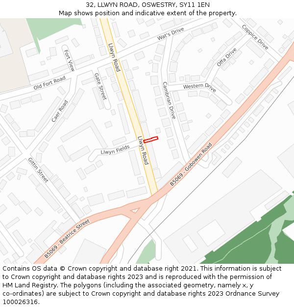 32, LLWYN ROAD, OSWESTRY, SY11 1EN: Location map and indicative extent of plot