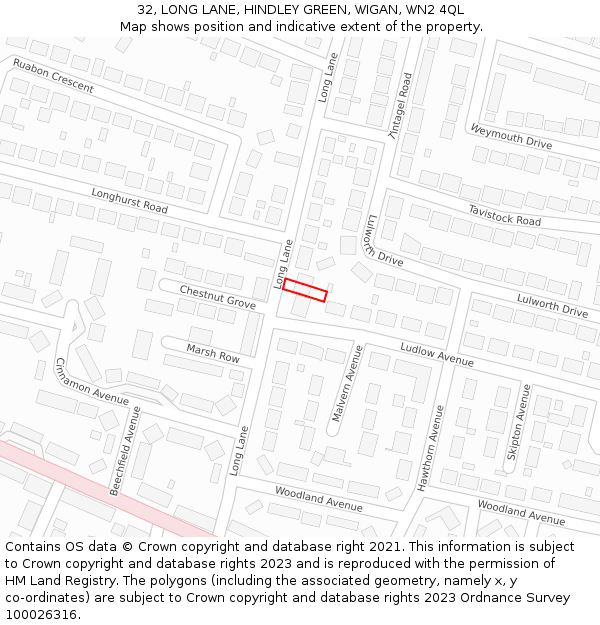 32, LONG LANE, HINDLEY GREEN, WIGAN, WN2 4QL: Location map and indicative extent of plot