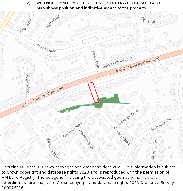32, LOWER NORTHAM ROAD, HEDGE END, SOUTHAMPTON, SO30 4FQ: Location map and indicative extent of plot