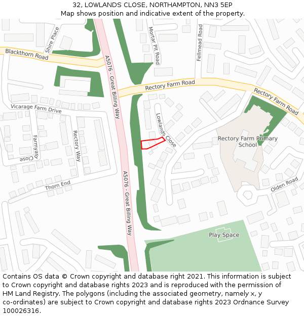 32, LOWLANDS CLOSE, NORTHAMPTON, NN3 5EP: Location map and indicative extent of plot