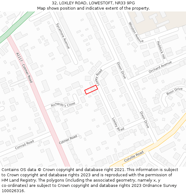 32, LOXLEY ROAD, LOWESTOFT, NR33 9PG: Location map and indicative extent of plot