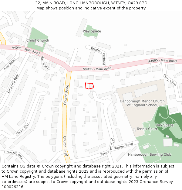 32, MAIN ROAD, LONG HANBOROUGH, WITNEY, OX29 8BD: Location map and indicative extent of plot
