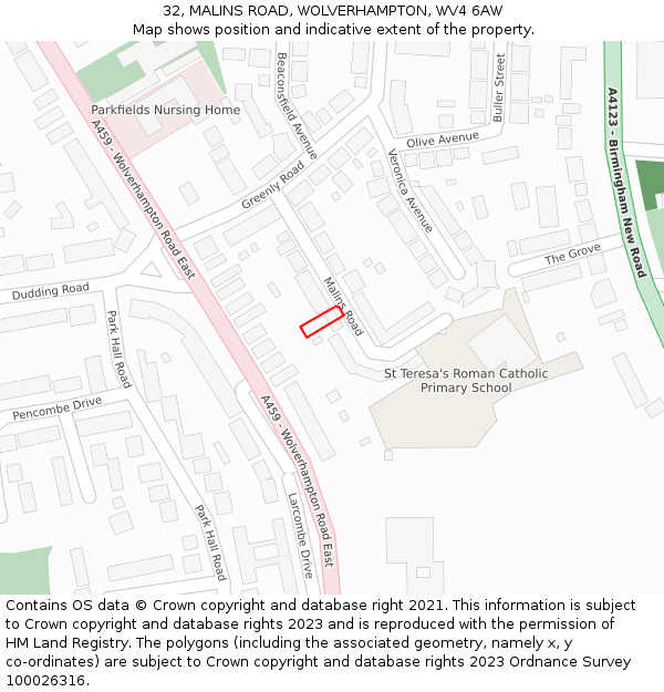 32, MALINS ROAD, WOLVERHAMPTON, WV4 6AW: Location map and indicative extent of plot