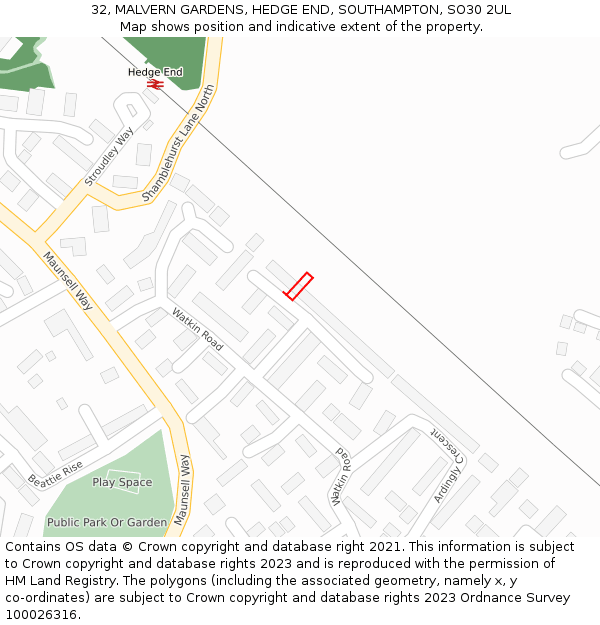 32, MALVERN GARDENS, HEDGE END, SOUTHAMPTON, SO30 2UL: Location map and indicative extent of plot