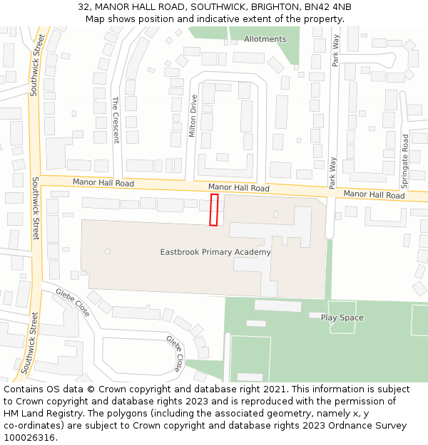 32, MANOR HALL ROAD, SOUTHWICK, BRIGHTON, BN42 4NB: Location map and indicative extent of plot