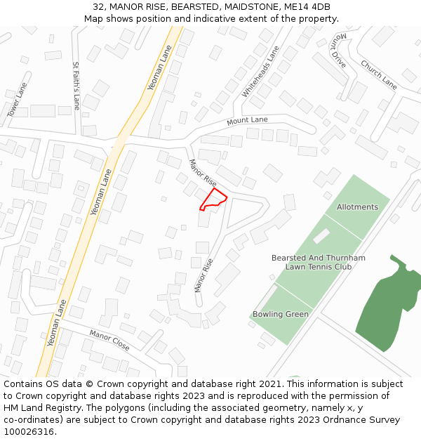 32, MANOR RISE, BEARSTED, MAIDSTONE, ME14 4DB: Location map and indicative extent of plot