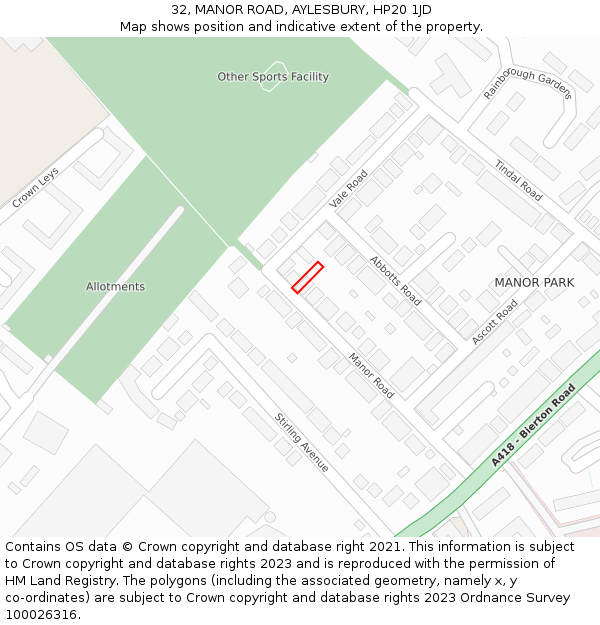 32, MANOR ROAD, AYLESBURY, HP20 1JD: Location map and indicative extent of plot