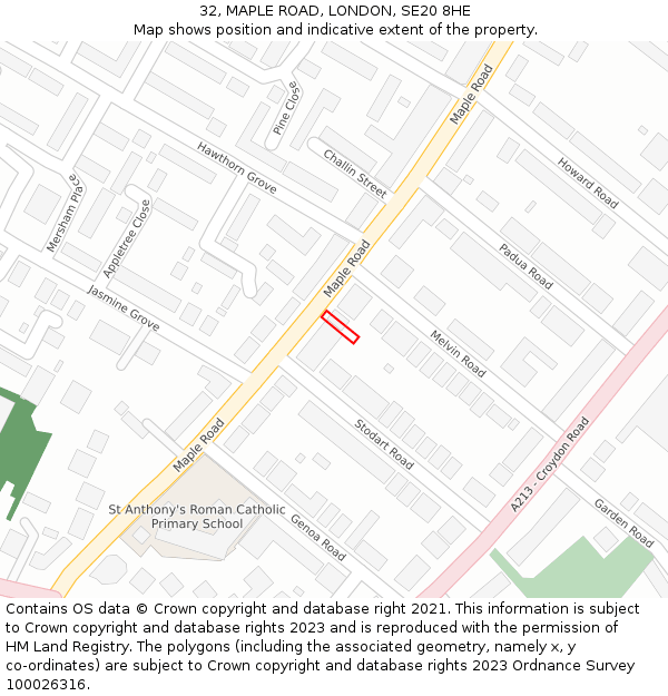 32, MAPLE ROAD, LONDON, SE20 8HE: Location map and indicative extent of plot