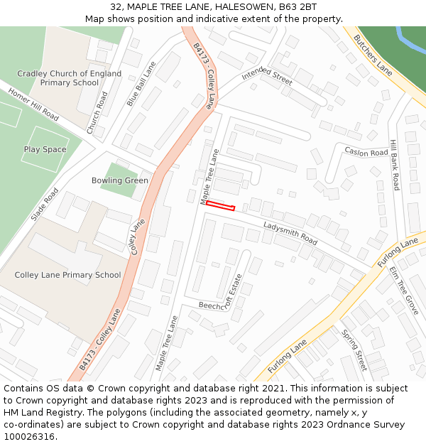 32, MAPLE TREE LANE, HALESOWEN, B63 2BT: Location map and indicative extent of plot