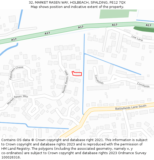 32, MARKET RASEN WAY, HOLBEACH, SPALDING, PE12 7QX: Location map and indicative extent of plot