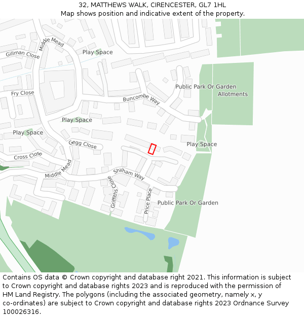 32, MATTHEWS WALK, CIRENCESTER, GL7 1HL: Location map and indicative extent of plot