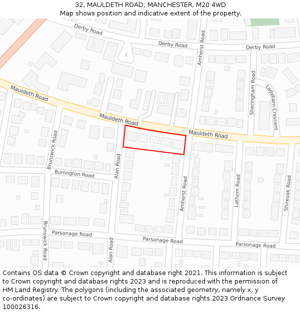 32, MAULDETH ROAD, MANCHESTER, M20 4WD: Location map and indicative extent of plot