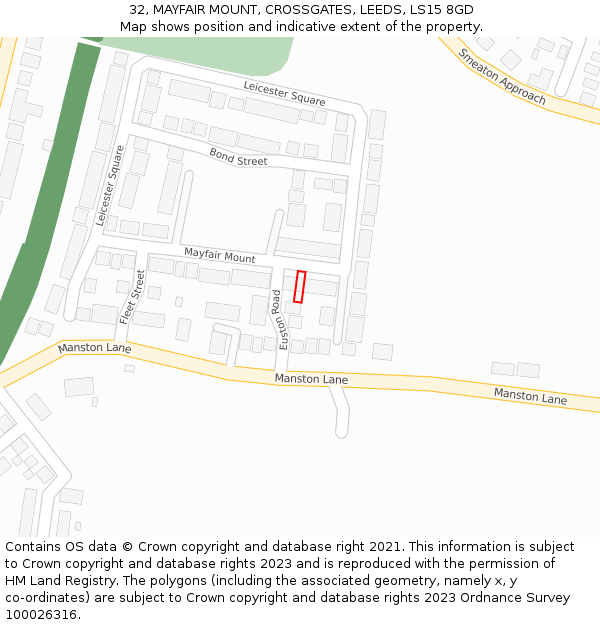 32, MAYFAIR MOUNT, CROSSGATES, LEEDS, LS15 8GD: Location map and indicative extent of plot
