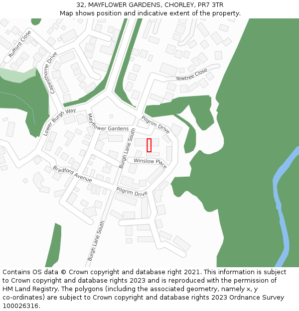 32, MAYFLOWER GARDENS, CHORLEY, PR7 3TR: Location map and indicative extent of plot
