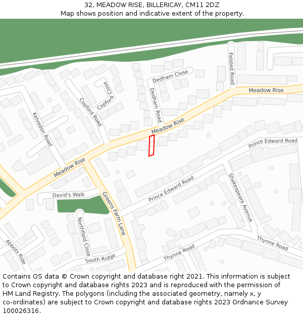 32, MEADOW RISE, BILLERICAY, CM11 2DZ: Location map and indicative extent of plot